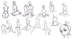 some sketches of people sitting and standing in different positions, all with their legs spread out