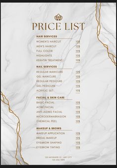 the price list for a hair salon in white marble with gold trimmings on it