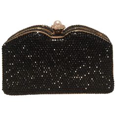 BEAUTIFUL Judith Leiber Black Swarovski Crystal Minaudiere Evening Bag Clutch in excellent condition. Black swarovski crystal exterior trimmed with gold hardware and pearl top push button closure. Gold leather lined interior that holds a gold chain shoulder strap to easily convert between clutch and shoulder styles. No stains, smells, or missing crystals. Purchase includes a dust cover, mini coin purse, pocket comb and mirror. Measurements: 5"x3"x2" 19" strap drop Black And Gold Clutch, Fancy Handbags, Expensive Purses, Judith Leiber Bags, Fancy Purses, Pocket Comb, Purse Trends, Pearl Top, Clutch Purse Black