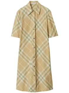 beige cotton Vintage Check pattern pointed flat collar short sleeves equestrian print front button fastening straight hem Pointed Flat Collar, Burberry Vintage, Planet People, Flat Collar, Cotton Shirt Dress, Check Dress, Sustainable Practices, Cotton Midi Dress, Shirtdress