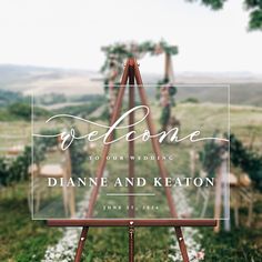 an easel with the words welcome to our wedding and diamond and keaton on it