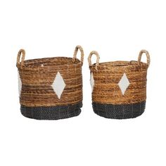 two baskets with black and white designs on the sides, one is made out of woven material