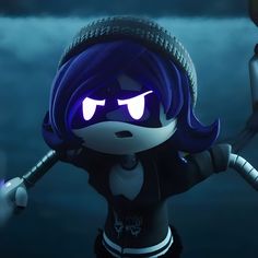 a cartoon character with blue hair holding a baseball bat in her hand and wearing a black outfit