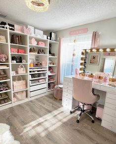 a bedroom with a desk, mirror and shelves