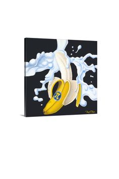 a painting of a banana and some water on a black background with white swirls