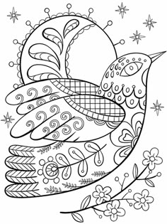 a black and white drawing of a bird with flowers