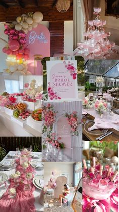 a collage of pink and white wedding decorations