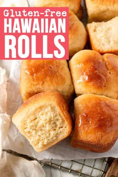 gluten - free hawaiian rolls on a cooling rack with text overlay that reads gluten - free hawaiian rolls