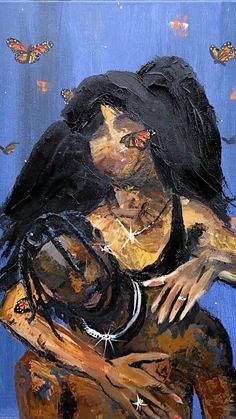 a painting of a woman hugging a man with butterflies flying around her on a blue background