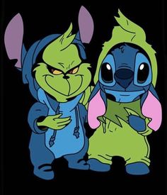 two cartoon characters standing next to each other in front of a black background with the words,