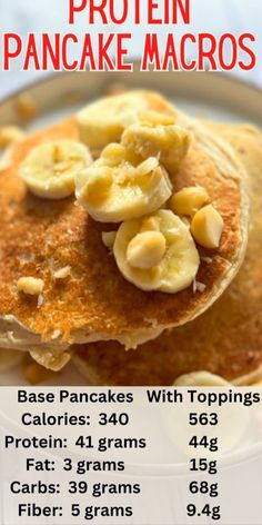 pancakes with toppings are on a white plate and the text reads, how to make protein - packed pancake macros