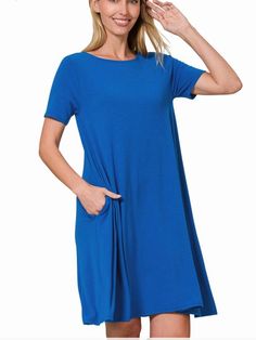 Short Sleeve Flared Dress with Side Pockets 57% polyester 38% rayon 5% spandex Short Flared Dress, Flared Dress, Classic Blue, Flare Dress, Spandex, Boutique, Blue