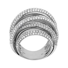 a silver ring with four rows of diamonds on the top, and two rows of smaller white