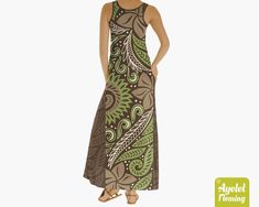 "IF YOU NEED YOUR ITEMS TO ARRIVE BY SPECIFIC DATE PLEASE UPGRADE TO EXPRESS SHIPPING AT THE CART. This long colorful Hawaiian/Polynesian maxi dress is retro looking featuring brown green design on dark brown background. If you would rather this dress was in another color or combination of colors please get in touch and let me know and I will do my best to accommodate you. This loose maxi dress is the perfect dress for daytime or evening wear, loose, swing fit with a great drape. The dress is ma Green Floral Maxi Dress, Polynesian Dress, Dark Brown Background, Hawaiian Dresses, Muumuu Dress, Loose Maxi Dress, Flirty Dresses, Hawaiian Dress, Brown Background