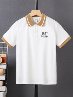 Polo T Shirt Design, Shein Kids, Polo Shirt Design, Boys School Uniform, Grey Colour Suit, Boys Plaid, Fabric Letters, Polo Shirt White, Golf T Shirts