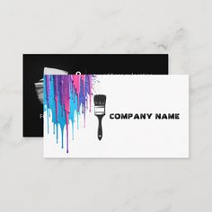 a business card with paint drips and a brush on the front that says company name