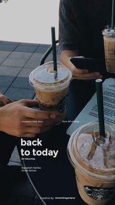 two people sitting at a table with drinks in their hands and the text back to today