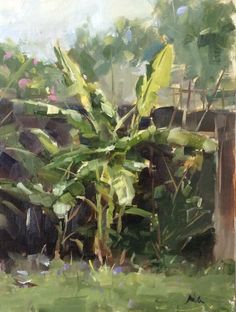 an oil painting of a green plant in front of a fence and building with flowers on it