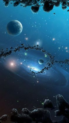 an artist's rendering of planets and stars in the sky with rocks on either side