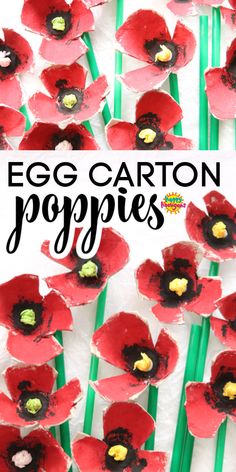 an egg carton poppys made out of paper with green stems and red flowers