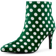 Step back in time with these outstanding shiny polka dot ankle boots, which lend playful texture to this lively boot with high heels for elegant charm. The polka dot print is classic and never goes out of style. With a pointed toe, stiletto heel, and your top, the perfect addition to your footwear collection. There are many colors for your choice. It's a good choice to pair with your dresses and jeans for an attractive look. Polka Dot Boots, Elegant Polka Dot Heels With Pointed Toe, Polka Dot Elegant Heels, Polka Dot High Heel Evening Heels, Polka Dot Rain Boots, Polka Dot Shoes, Polka Dots Outfit, Womens Stilettos, Closed Toe Shoes