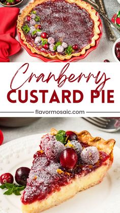 cranberry custard pie on a white plate