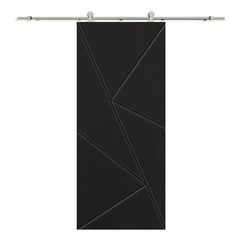 a black door with an abstract design on the front and back panel, hanging from a metal bar