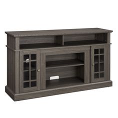 an entertainment center with glass doors on the front and bottom, in dark grey wood