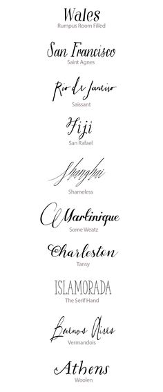 some type of calligraphy that is in different styles and font types, including the names