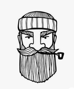 a black and white drawing of a bearded man with a pipe in his mouth, wearing a hat