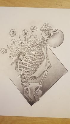 a drawing of a skeleton with flowers in it