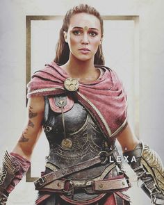 an image of a woman in armor with tattoos on her face and arms, standing next to a wall