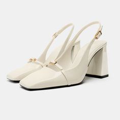 Zara Square Toe Slingback Heels Never Worn Size 6.5 Off White Color Casual Elegant Style, Dr Shoes, Closed Toe Heels, Female Shoes, Zara Heels, Mary Jane Shoes Womens, Chunky High Heels, Elegant Casual, Slingback Shoes