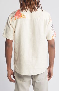 Think cool and keep cooler in this ice-pop-graphic shirt made from pure, breathable linen. 28" length (size Medium) Front button closure Notched collar Short sleeves 100% linen Hand wash, dry flat Imported Summer Linen Shirt With Collar, Casual Beige Summer Shirt, Summer Linen Short Sleeve Shirt For Beach, Summer Linen Top With Camp Collar, Printed Relaxed Fit Linen Tops, Summer Beach Linen Short Sleeve Shirt, Casual White Camp Shirt For Spring, Casual Linen Short Sleeve Shirt, Casual Beige Camp Collar Shirt