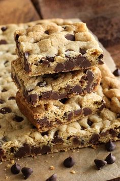 chocolate chip cookie bars stacked on top of each other