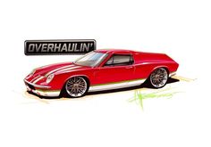 a drawing of a red sports car with the name overhaulin on it