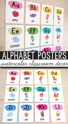 an alphabet poster with different colors and letters