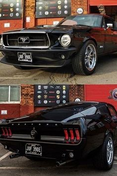 two pictures of the front and side of a black mustang