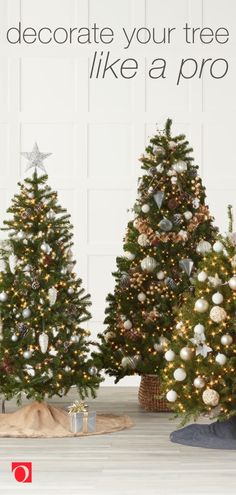 three christmas trees decorated with white and silver ornaments