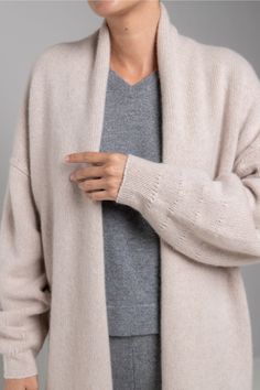 TN04R21 - Recycled Cashmere (60% cashmere | 40% recycled cashmere)- Shawl collar with full tapered sleeve- Open front- Rolled hem edge - Model is 5'10" wearing a size S Cashmere Clothes, College Wardrobe, Recycled Cashmere, Shawl Collar Cardigan, Longline Cardigan, Shawl Cardigan, Cashmere Shawl, Collar Cardigan, Style Cardigan