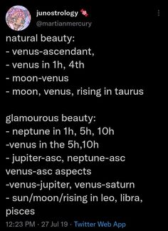 the text on the phone says, natural beauty venus - ascendnt, venus - venus rising in taurus