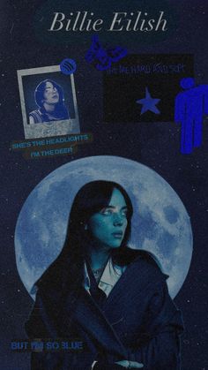 a woman with long black hair standing in front of a blue moon and stars background