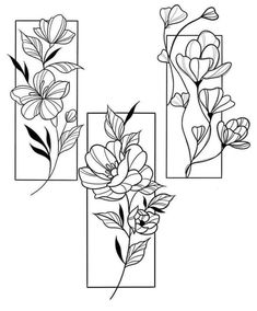 four flower designs in black and white, each with different flowers on the same side