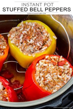 stuffed bell peppers in an instant pot with text overlay