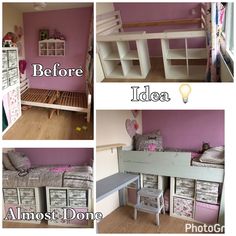 three different pictures of a child's bedroom with bunk beds and desks in it