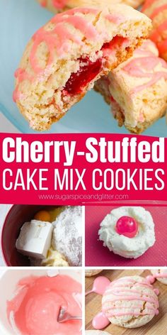 cherry - stuffed cake mix cookies with pink icing on top, and in the middle