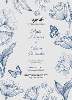 an elegant wedding card with flowers and butterflies on it, in blue ink - art style