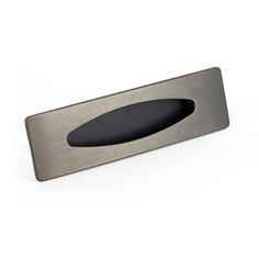 a stainless steel door handle with an oval hole in the center on a white background