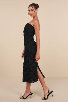 Black 3D Floral Dress - 3D Applique Dress - Strapless Midi Dress - Lulus Black Strapless Midi Dress For Gala, Glamorous Strapless Midi Dress For Date Night, Black Strapless Dress With Straight Neckline For Party, Black Strapless Dress With Straight Neckline For Spring, Black Midi Dress With Straight Neckline For Party, Black Dress With Straight Neckline For Gala, Black Strapless Midi Dress For Prom, Black Midi Strapless Dress For Prom, Black Strapless Midi Dress