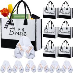 the bride tote bag and six pairs of slippers are on display next to each other